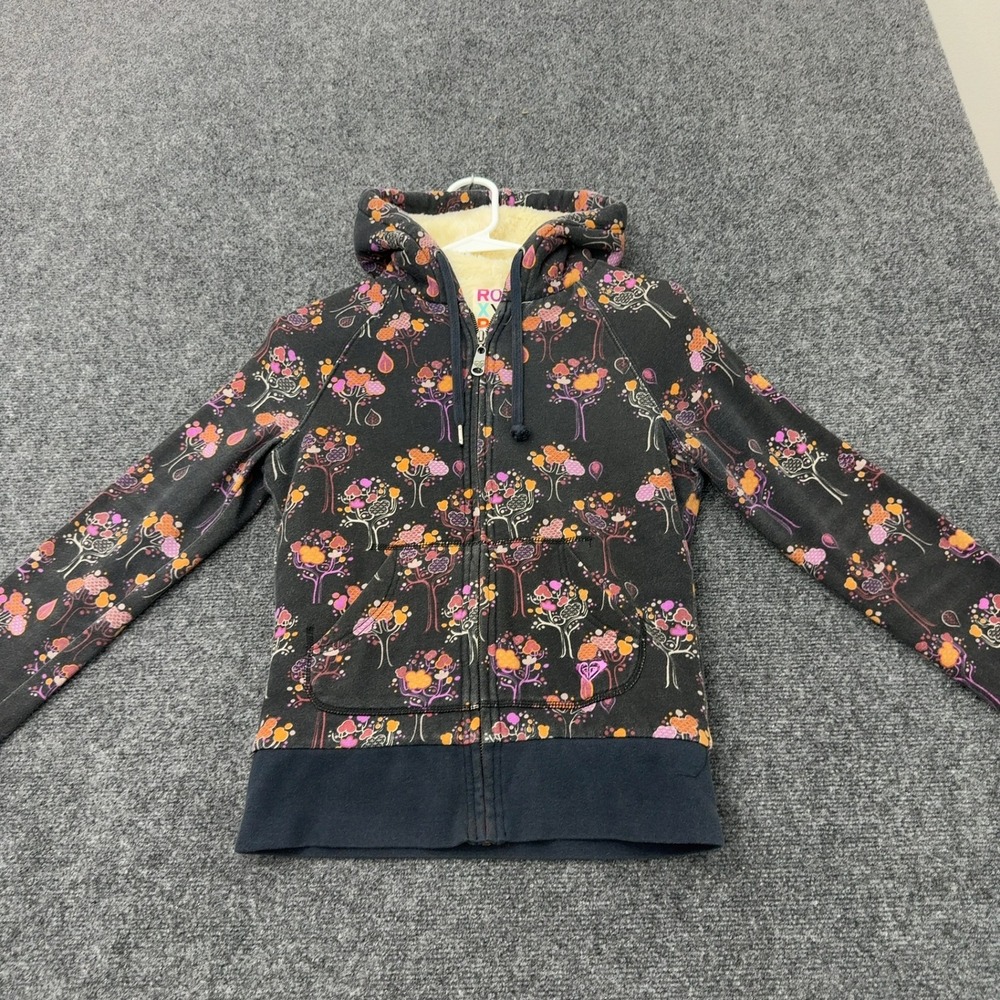 Roxy Hoodie Womens S Black Fleece Lined Tree Graphic Full Zip Casual Surf Style